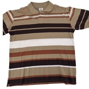 Beyond The Limit Polo Shirt Mens 2XL Y2K Striped‎ Short Sleeve Tan Brown Spot on